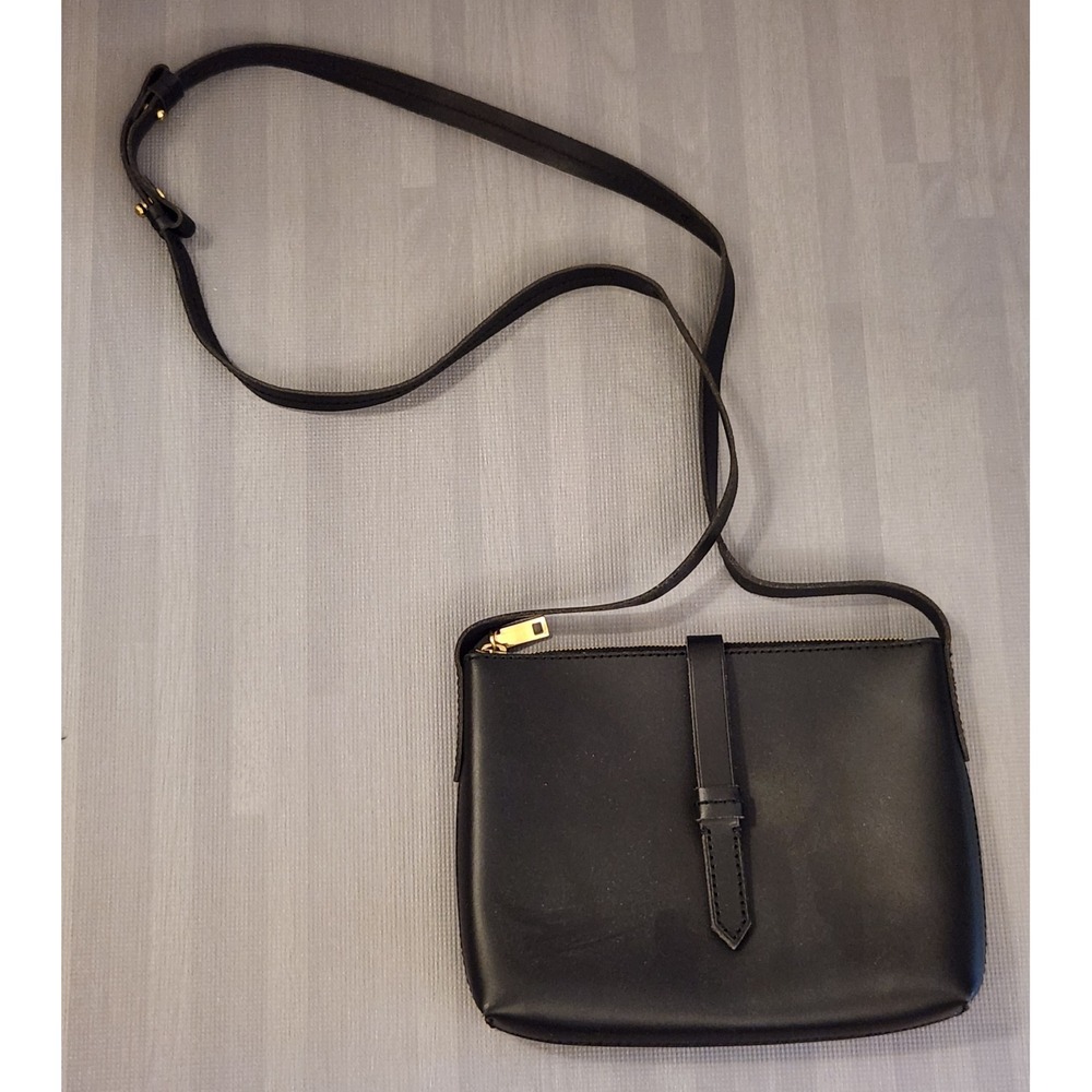 J.Crew Black Leather Crossbody Bag Gold Zip Small Minimalist Shoulder Purse